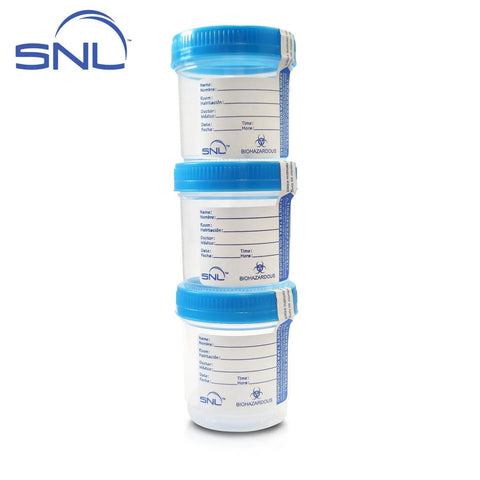 SNL sterile specimen cups, 3 oz, blue screw-on caps with tamper-evident seals, pack of 3