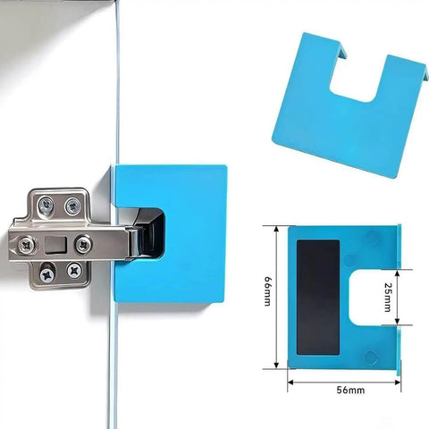 Magnetic Cabinet Door Hinge Jig Kit With Adjustable Scale And Spacer For Quick No Drill Installation Easy Install Precise Door Jamb Alignment Durable 4 Piece Set For All Cabinet Doors, showing blue magnetic holder with dimensions 66mm by 56mm next to cabinet hinge.