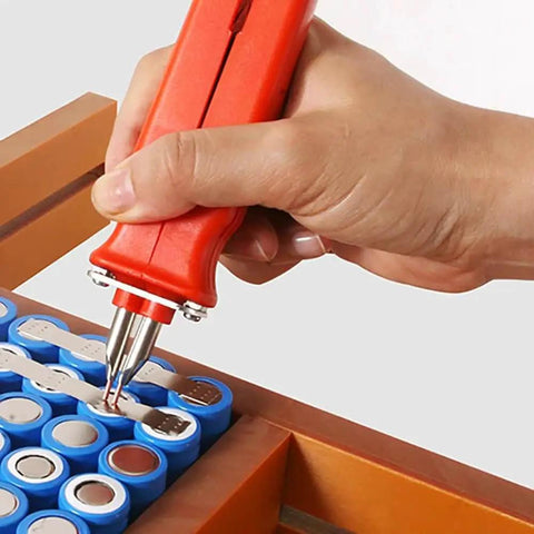 Close-up of Adjustable Flexible Battery Fixture Clamp Kit for 18650 and 26650 Cells with Spot Weld Holder in use