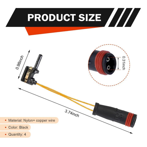 Four black brake pad sensor lines with nylon+copper wire and red ends; 3.74in long, 0.31in dia for MB E350/W211/W220/C300/C350