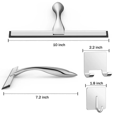 Stainless Steel Shower Squeegee 10 Inch With Adhesive Hooks For Glass, shown with measurement details and side view.
