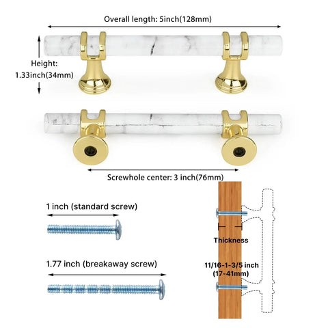 White Marble And Gold Drawer Pulls Set, 10 Pack, 3 Inch Center Hole T Bar Zinc Alloy Cabinet Handles measurement diagram