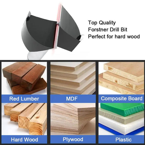 3-1/4 Inch Carbide Tipped Forstner Drill Bit For Hard Wood With Clean Flat Bottom Holes, various wood and plastic samples