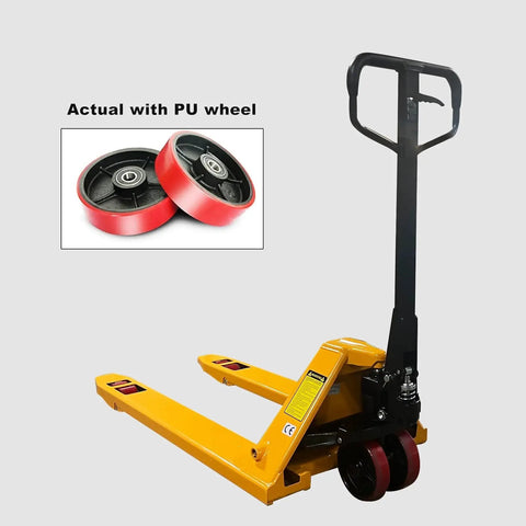 Beefy Heavy Duty Manual Pallet Jack With 7700 Lb Capacity And 48 Inch Long By 27 Inch Wide Forks Ergonomic Handle 7.1 Inch Polyurethane Wheels