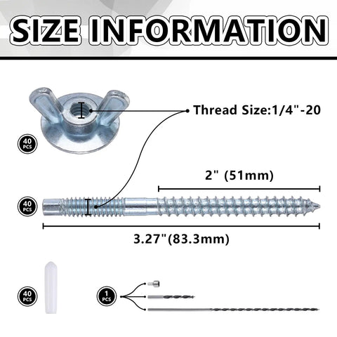 Size chart of All In One Hurricane Anchor Kit 40 Set Quarter Inch 20 Thread For Window Board Panel And Shutter Mounting