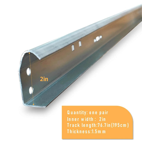 Close-up of Garage Door Vertical Track Replacement Kit in galvanized steel, showing 2-inch width, for 7-foot doors, no rollers included.