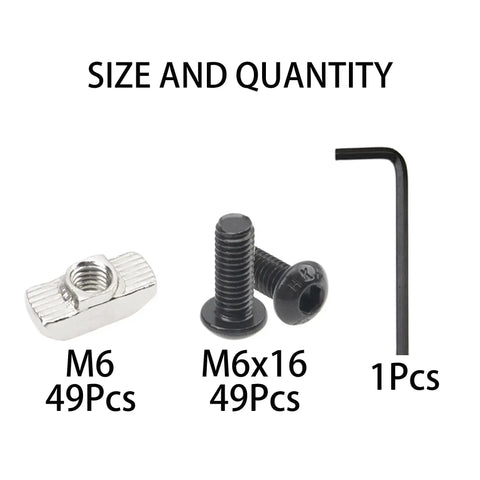 40 Series Aluminum T Slot Nuts And M6x16 Screws Kit For European 4040 Profile with 49 M6 T-nuts, 49 screws, and wrench