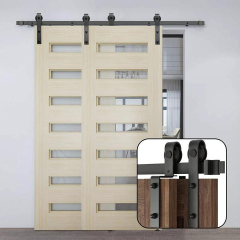 7.5 Foot Bypass Sliding Barn Door Hardware Kit For Low Ceiling With Overlapping Tracks, Heavy Duty Carbon Steel Rollers
