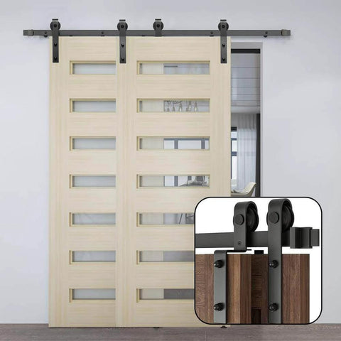 8.2Ft Bypass Sliding Barn Door Hardware Kit For Double Doors With Low Ceiling And Overlapping Tracks In Black Carbon Steel installed