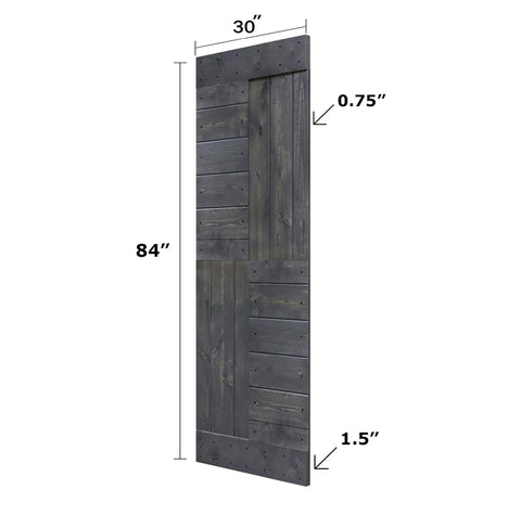 Solid Wood Interior Sliding Barn Door Slab 30 Inch by 84 Inch, Carbon Gray, S Series, side view showing dimensions.
