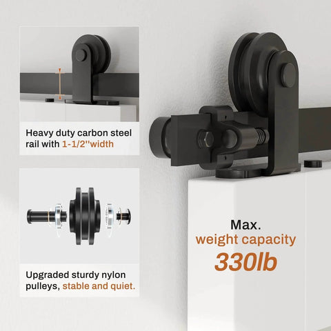 Heavy Duty Ten Foot Barn Door Hardware Kit With Sliding Track For Single Door Including Door Handle And Floor Guide Solid Steel Construction With Black Powder Coat Finish For Anti Corrosion Longevity Includes Rails Spacers Rollers Stops featuring close-up of rollers and rail system
