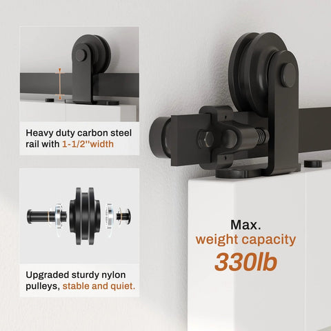 Close-up of 6 Ft Sliding Barn Door Hardware Kit With Heavy Duty Track System Spliced Rails Floor Guide 2 Rollers 2 Door Stops And 1 Door Handle Solid Steel With Black Powder Coat For Corrosion Resistant Longevity, highlighting nylon rollers and weight capacity.