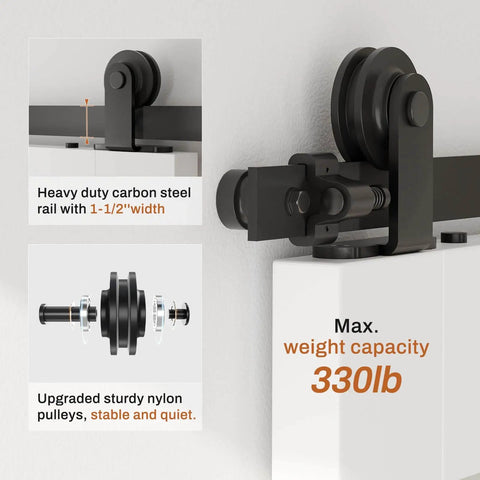 Close-up of 6 Point 6 Foot Sliding Barn Door Hardware Kit Beefed Up With Track And Rails Door Handle Floor Guide for heavy duty use.