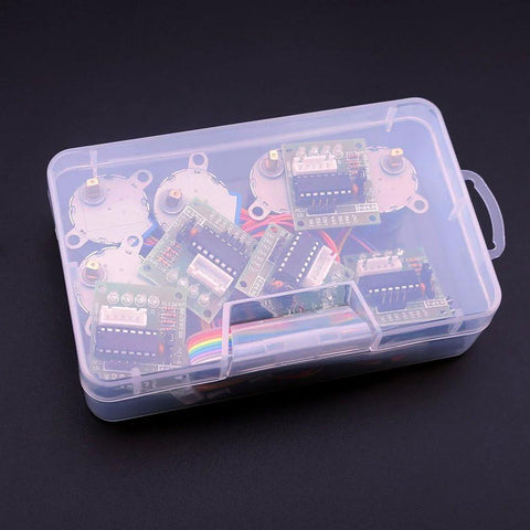 ELEGOO 28BYJ-48 5V stepper motors with ULN2003 driver boards, 5 sets, in a clear plastic storage box.