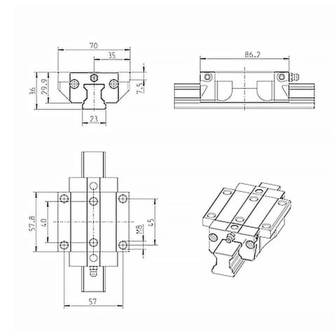 Replacement linear slider unit R165129420 R165129422 R165129320 R165129322 single block with sealed ball bearing, engineering diagram