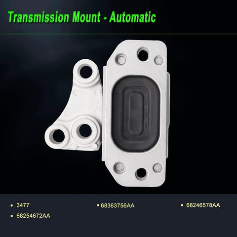 Transmission mount for automatic vehicles, showing front view, metal and rubber material, part numbers 68254672AA, 68363756AA.