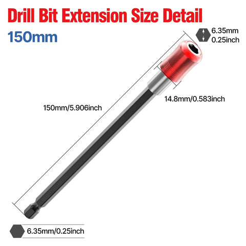 HUHAO 6-inch drill bit extension with magnetic bit holder, red aluminum sleeve and 1/4-inch hex shank