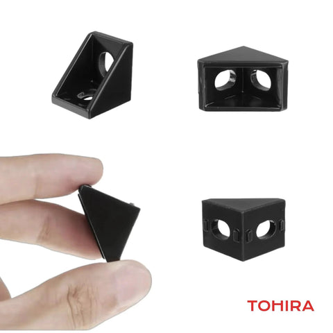 Close-up of black 2020 series aluminum extrusion corner bracket kit showing 20 right angle connectors for 20 series V slot profiles