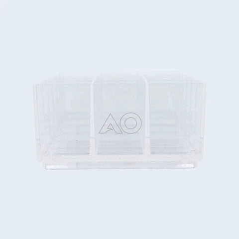 Front view of 18-Section Drawer Organizer In Industrial Grade Clear Acrylic For Jewelry Makeup Cosmetics Craft Supplies And Office Essentials Durable Stash Tray For Vanity Desk And Drawers Made In USA 4 By 8 By 2 Inches.