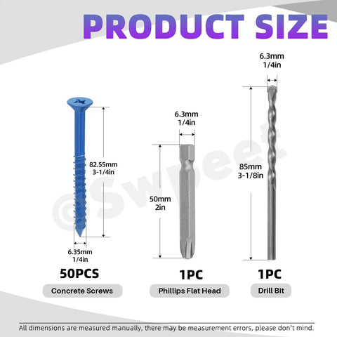 52 Piece Concrete Screw Anchor Kit With Drill Bit And Screwdriver Bit Swpeet Included, 50 Flat Head Concrete Anchors shown with size