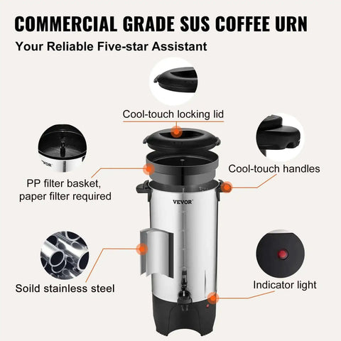 Heavy Duty Coffee Urn 50 Cup 7.5L Stainless Steel Dispenser With Step Discharge Spout For Mess Free Pour, 1000W 110V Electric Brewer, Detachable Power Cord For Easy Cleaning And Quick Brewing featuring cool-touch handles and indicator light.