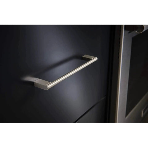 Princetonian Steel Bar Pull In Brushed Satin Nickel installed on cabinet, 8-13/16 in CTC, 9-5/8 in length, modern kitchen handle
