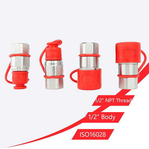 Hydraulic quick-connect couplers for skid steer, 1/2 NPT, red dust caps, ISO16028, set of 4