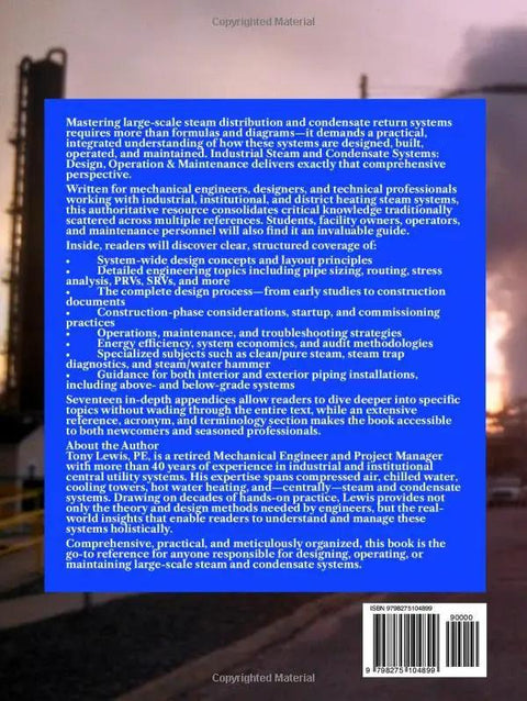 Book back cover for Industrial Steam Distribution and Condensate Return Systems with blue panel and barcode