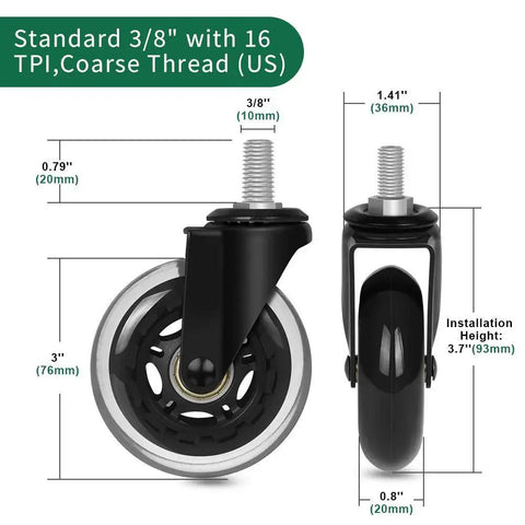 Replacement Office Chair Casters Set Of 5 With Rubber Wheels And Threaded Stem Three Eighths Inch Imperial Threads Per Inch Quiet Smooth Gliding Safe On Wood Hardwood And Carpet Floors No Chair Mat Needed. Image of a caster with dimensions showing 3/8 inch threaded stem, black wheel and specifications.
