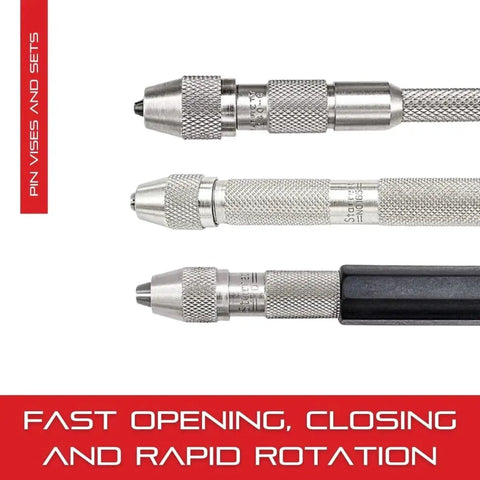 High Precision Pin Vise With Knurled Handles For Tiny Work Starrett Custom Tapered Collet For Maximum Clamping Surface In The 0.115 To 0.187 Inch Range Model 162D Slim Body Diameter For Quick Opening And Rapid Rotation With Superior Control shown in various angles highlighting knurled handles and tapered collet.