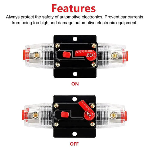 Inline 150A Fuse Holder Circuit Breaker For Car Audio And Amp Setups With Overload Protection And Auto Or Manual Reset 12V To 42V DC shown in on and off positions