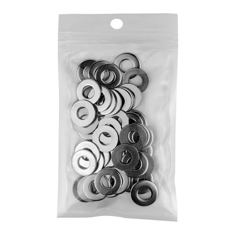 Stainless flat washers set, 25 pcs, 5/16 in ID, 11/16 in OD, 304 stainless, in clear resealable bag.