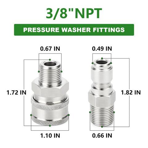 TAISHER 3/8 in NPT stainless steel pressure washer adapters, 304 stainless quick-connect fittings, two fittings shown side by side.