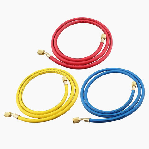 ANTFEES refrigerant charging hose set, three 72in hoses in red, yellow and blue with brass fittings