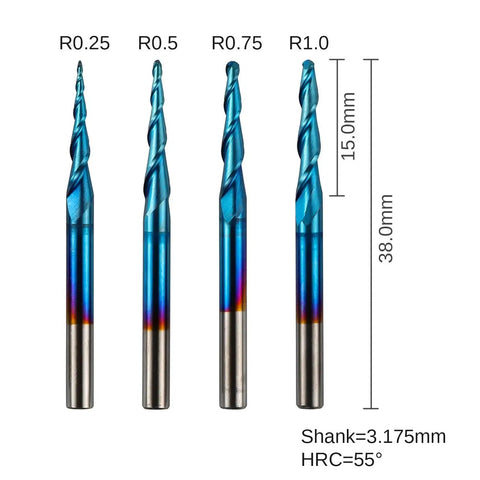 4 Piece Set Of 2 Flute Tapered Ball Nose End Mills Tungsten Carbide Cutter With Nano Blue Coating Radius Range R0.25 To 1.0 One Eighth Inch Shank TB04A