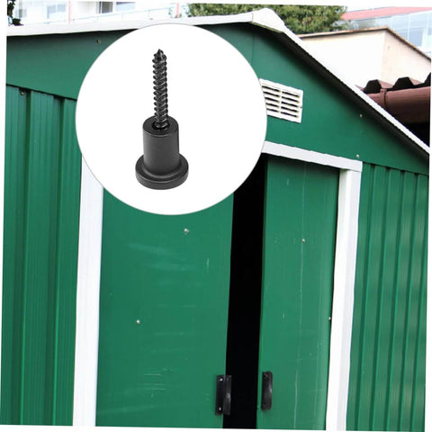 Barn Door Track Connector Accessory With Easy Install DIY Friendly Includes Pipe Clamp And Screws Carbon Steel Sliding Door Stopper Kit Sturdy Hardware For Replacing Or Upgrading Your Barn Door System, close-up of stopper and screw, green door in background.