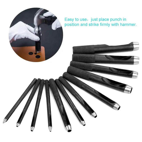 12 Piece Round Leather Hole Punch Set Pro Grade Hollow Punch Tool 1mm To 10mm for crafting leather and canvas projects.
