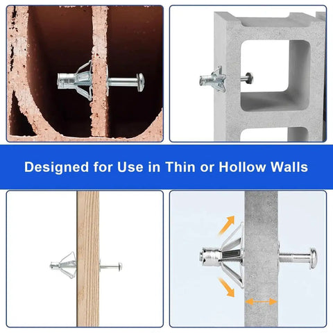 Drywall Anchor Kit For Hollow Walls With Screws 30Pcs M6x52mm Zinc Plated Steel Molly Bolts shown installed in various wall types