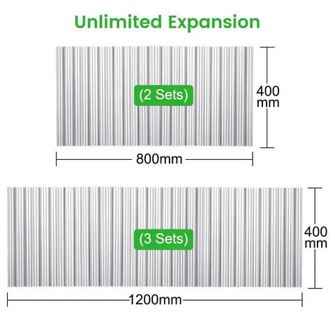 Expansion options for Honeycomb Laser Bed Modular Kit 400x400mm showing 800mm and 1200mm configurations with aluminum panels.