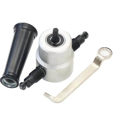 Ultimate Multipurpose Sheet Metal Nibbler Cutter Drill Attachment Double Head For Handheld Drills with wrench and handle.