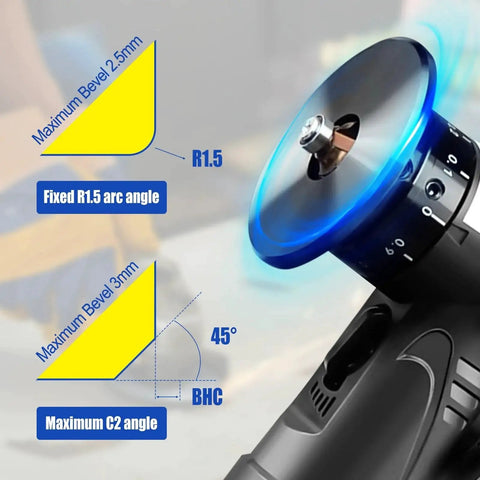 Portable Pneumatic Chamfering Tool Handheld Mini Air Powered Beveling Machine For Metal And Wood 45 Degree Arc Corner Trimming And Deburring One Quarter Inch Air Inlet C And R Angle Blades shown with diagram