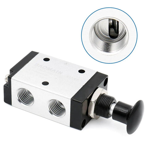 3 Way 2 Position Pneumatic Hand Valve With Handy Manual Control, One Quarter Inch PT Port, Normally Closed, Compact 90mm Long, 3 Port Valve
