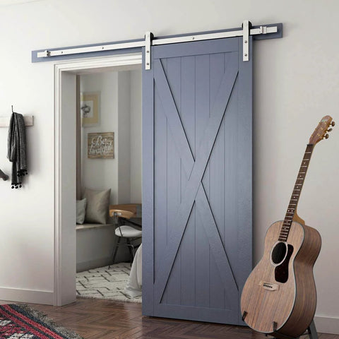Brushed Nickel Sliding Barn Door Hardware Kit With 6.6-Foot Rail For 36-40 Inch Doors, Quiet Smooth Track installed view