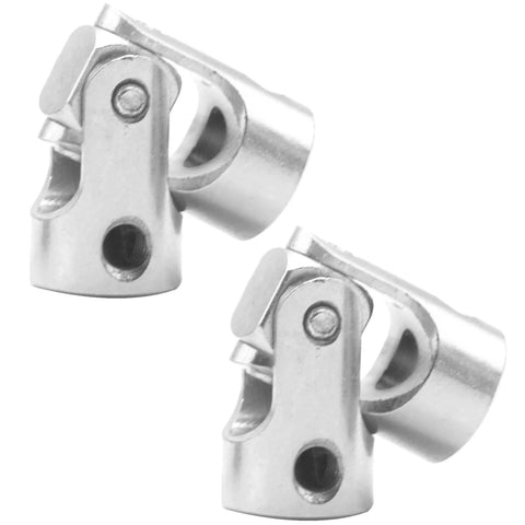 Two silver metal U-joint steering shaft couplers for RC cars, 3.17–4 mm shafts