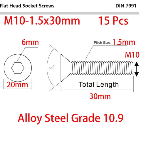 Diagram of M10-1.5 X 30mm Flat Head Socket Cap Screws Set Beefy Heavy-Duty Grade 10.9 Alloy Steel DIN 7991 with measurements