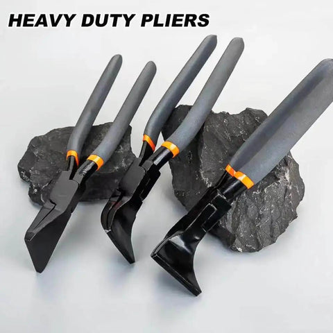 Three Piece Sheet Metal Bending Pliers Set With Straight 45 Degree And 90 Degree Seamers on rock surface