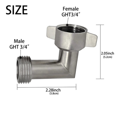 Stainless steel 90-degree hose elbow with male and female GHT 3/4 connectors for RV water hoses, 1-pack