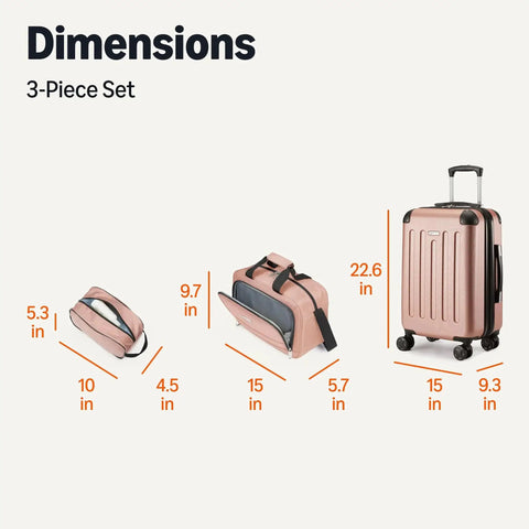 Dimensions of Versatile Three Piece Travel Set With 22 Inch Expandable Hardside Suitcase Eight Spinner Wheels 15 Inch Tote Bag And 10 Inch Compact Carry On Rose Gold Finish Durable Luggage Set For Weekend Getaways And Business Trips By Amazon Basics