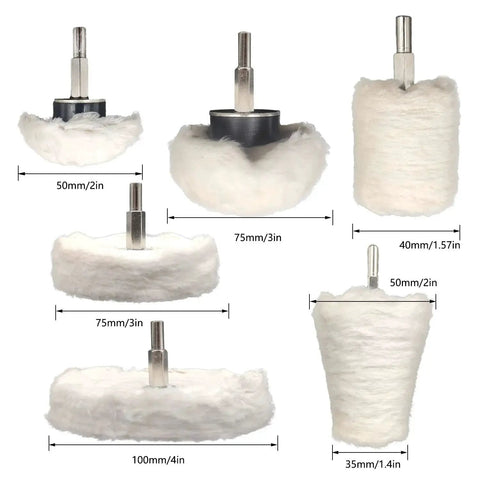 Six Piece Drill Buffing Wheel Kit for Polishing Metal Wood Glass Jewelry with various wheel shapes and sizes