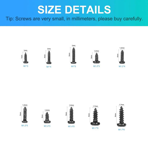 Size details of Small Phillips Head Micro Screws Kit in Ten Sizes M1 M1.2 M1.4 M1.7 Self Tapping Electronics Screws Assortment Pack of 1000